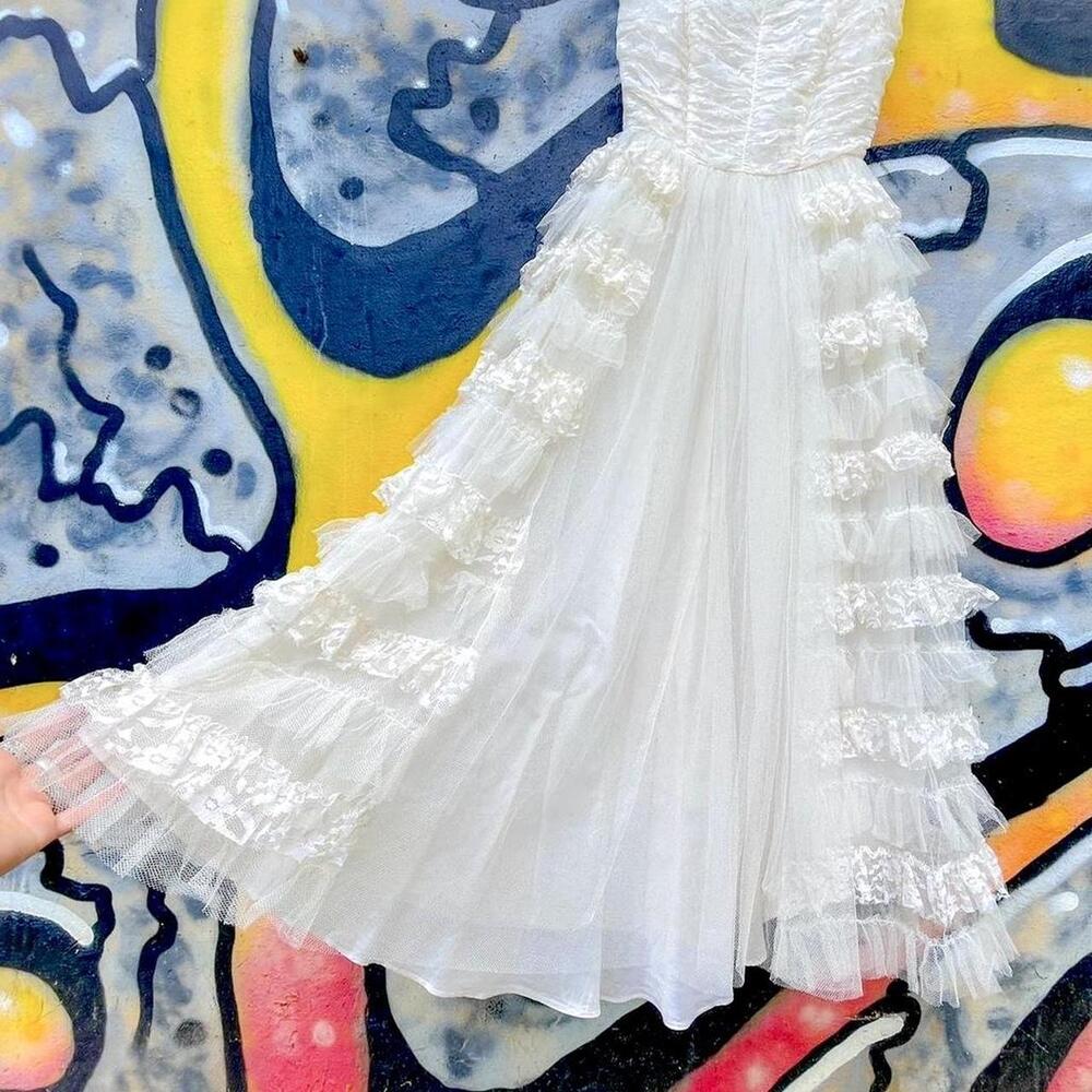 1950s white tulle & lace cupcake dress boned corset bodice multi layer peplum - Picture 4 of 6